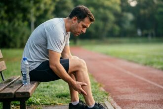 Coureur assis sur un banc extérieur, inspectant sa blessure au mollet avant de reprendre le sport