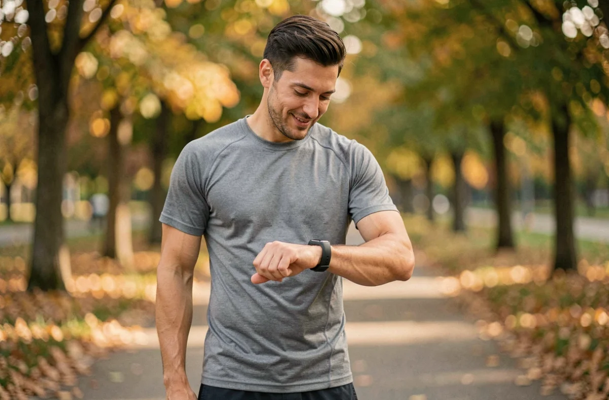 Coureur masculin consultant son bracelet connecté abordable lors d'un jogging en parc urbain en automne