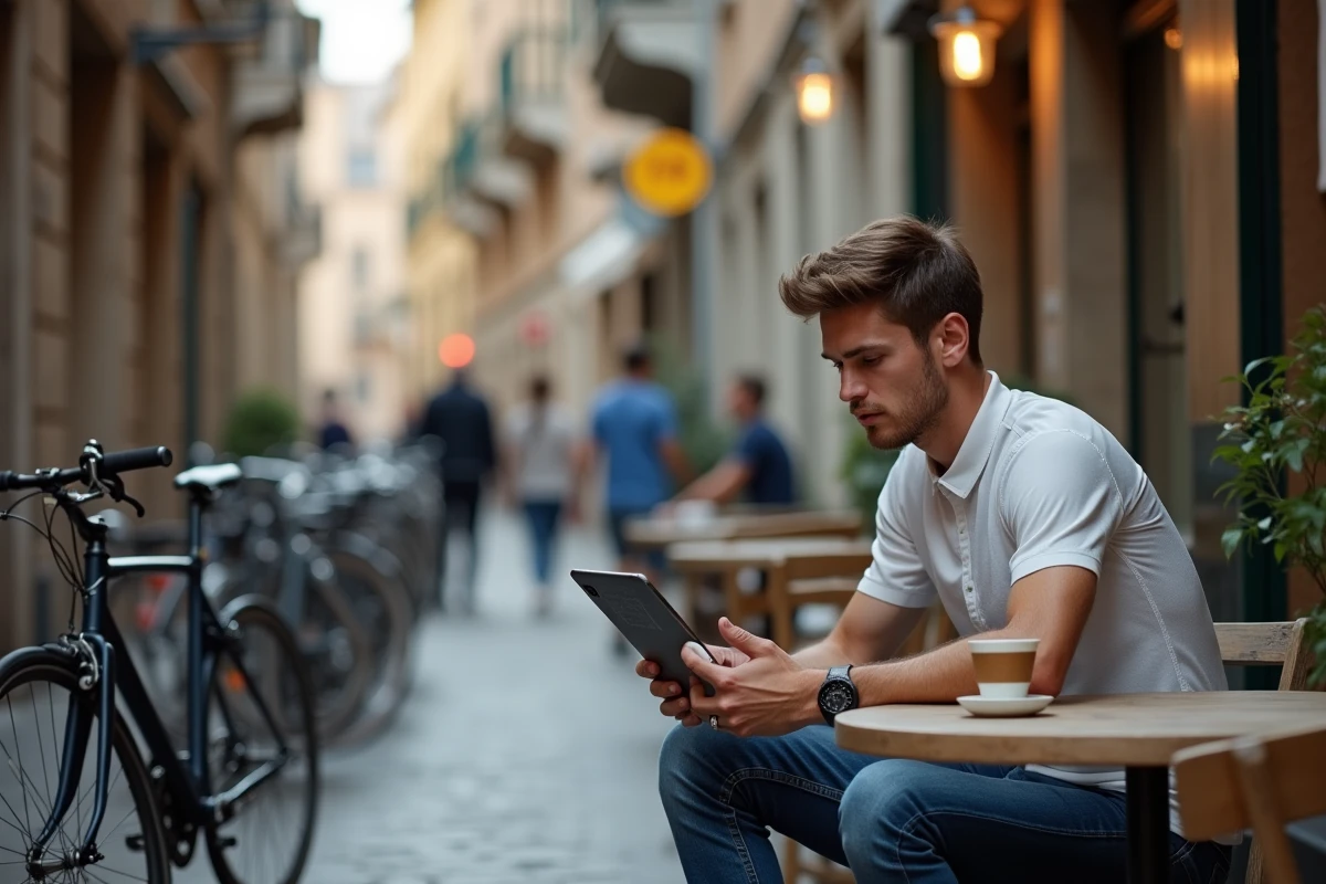Jeune cycliste au café sur une rue pavée européenne