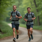 Jeune homme courant en forêt avec sac à dos technique