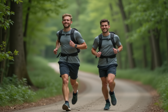 Jeune homme courant en forêt avec sac à dos technique