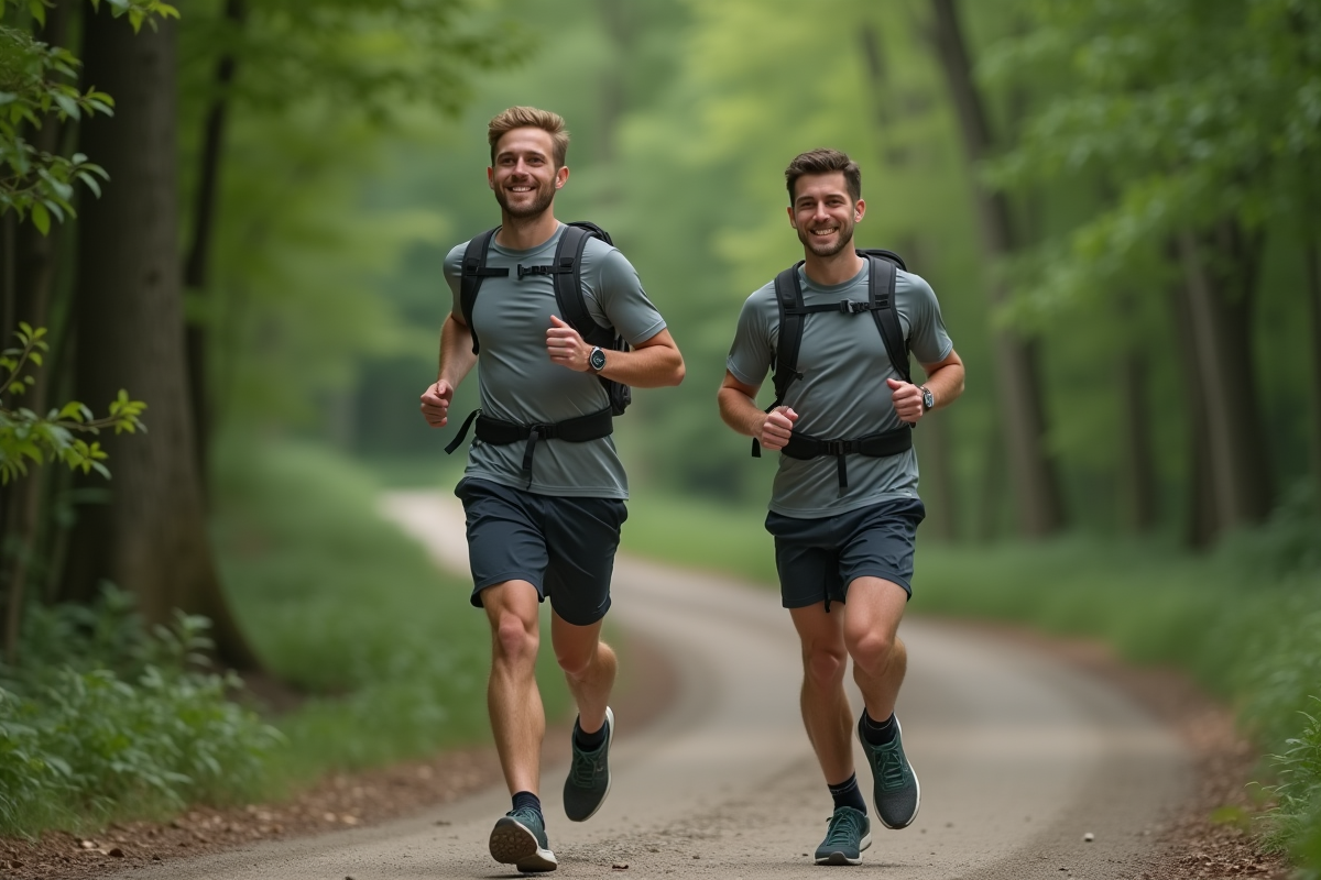 Jeune homme courant en forêt avec sac à dos technique