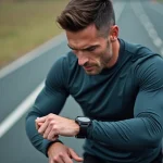 Coureur masculin vérifiant sa montre GPS sur une piste de course pour calculer son chrono au kilomètre