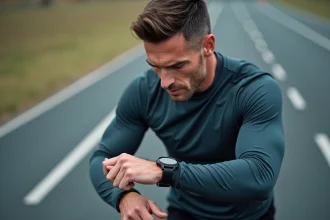 Coureur masculin vérifiant sa montre GPS sur une piste de course pour calculer son chrono au kilomètre