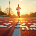 Coureur sur piste au lever du soleil avec panneau conversion miles-kilomètres