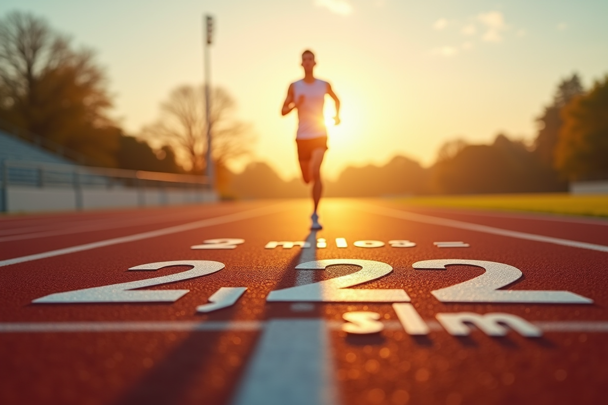 Coureur sur piste au lever du soleil avec panneau conversion miles-kilomètres