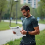 Jeune homme courant dans un parc urbain en pause