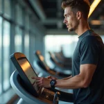 Jeune homme courant sur un tapis de course moderne