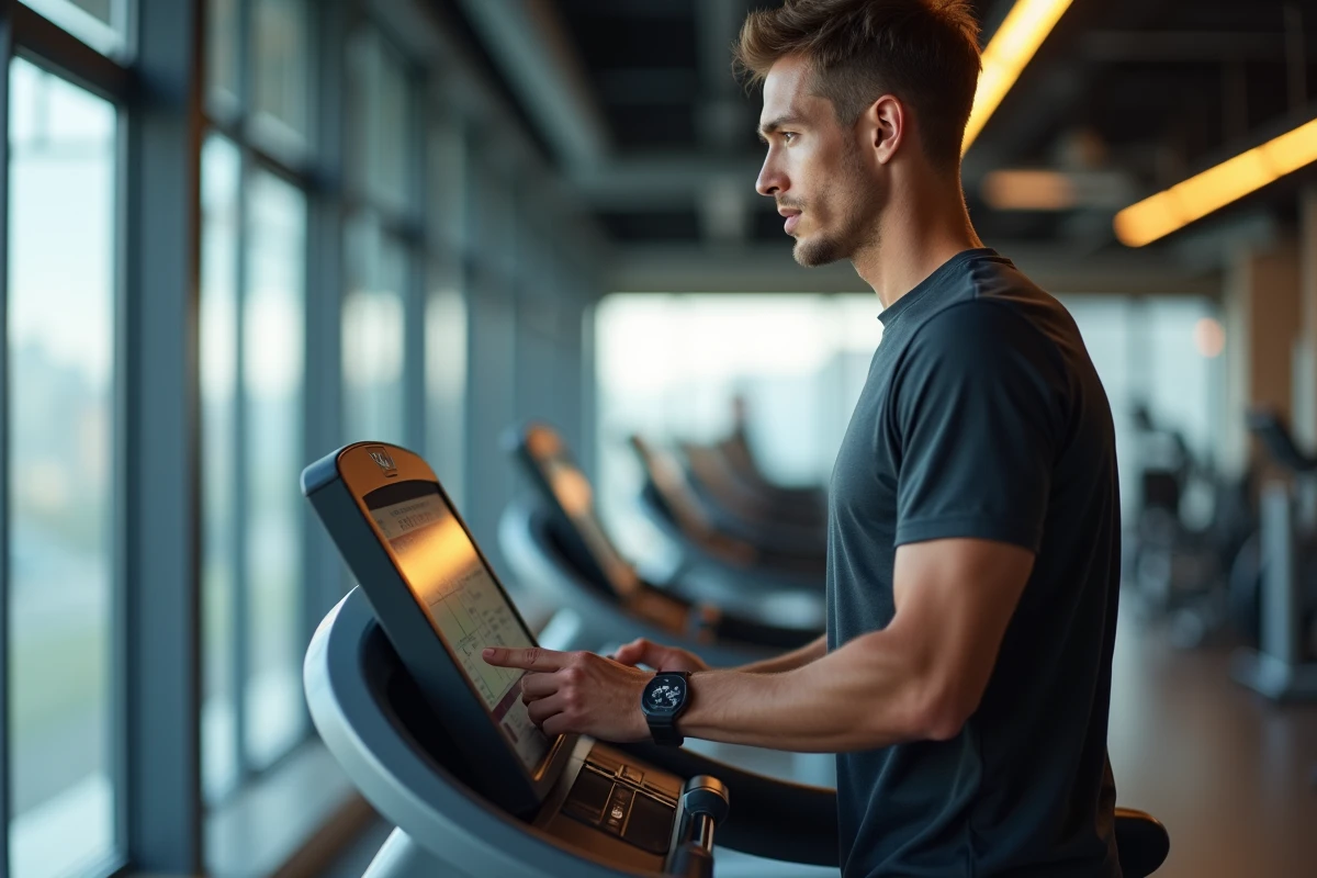 Jeune homme courant sur un tapis de course moderne