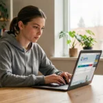 Jeune femme créant un compte sur une plateforme sportive depuis son bureau à domicile