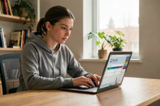 Jeune femme créant un compte sur une plateforme sportive depuis son bureau à domicile