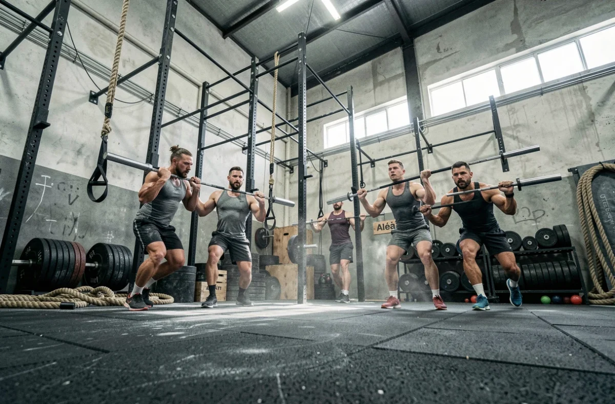 Box CrossFit Aléa avec athlètes en plein entraînement WOD sur fond d'équipements industriels