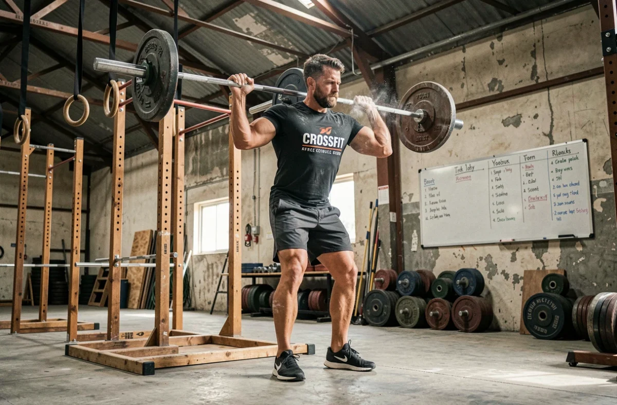 CrossFit Frankton près de Bordeaux avec esthétique industrielle, halterophilie et tableau WOD en arrière-plan