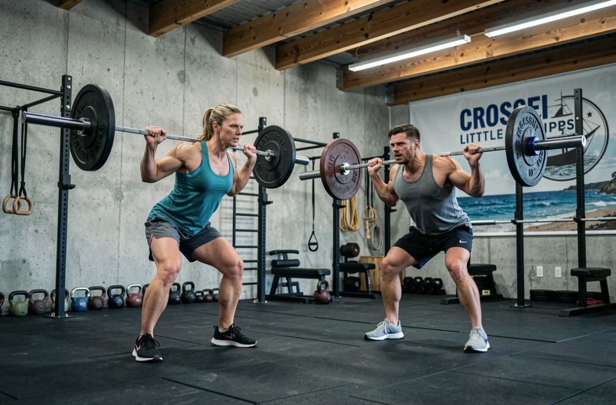Salle CrossFit Little Ships avec athlètes s'entraînant sur des haltères dans un espace industriel à touche maritime