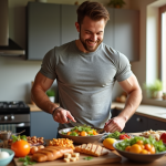 Homme souriant préparant un repas sain en cuisine lumineuse