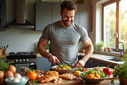 Homme souriant préparant un repas sain en cuisine lumineuse
