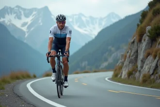 Cycliste professionnel en plein effort sur un col de montagne alpin lors d'un entraînement préparatoire