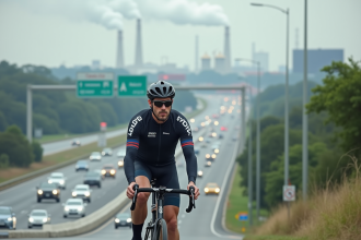 Cycliste professionnel en pause sur la route urbaine
