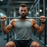 Homme débutant exécutant un preacher curl avec une barre droite dans une salle de sport moderne