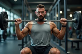 Homme débutant exécutant un preacher curl avec une barre droite dans une salle de sport moderne