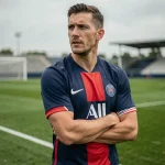Défenseur professionnel de football en maillot PSG lors d'un entraînement, bras croisés avec regard concentré sur le terrain