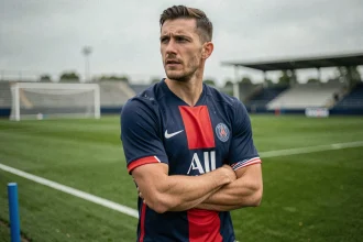 Défenseur professionnel de football en maillot PSG lors d'un entraînement, bras croisés avec regard concentré sur le terrain