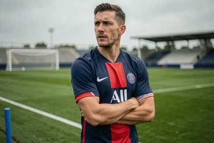 Défenseur professionnel de football en maillot PSG lors d'un entraînement, bras croisés avec regard concentré sur le terrain