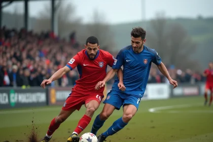 Duel acharné entre deux joueurs lors d'un derby de football amateur en Haute-Loire, stade de campagne avec supporters en arrière-plan
