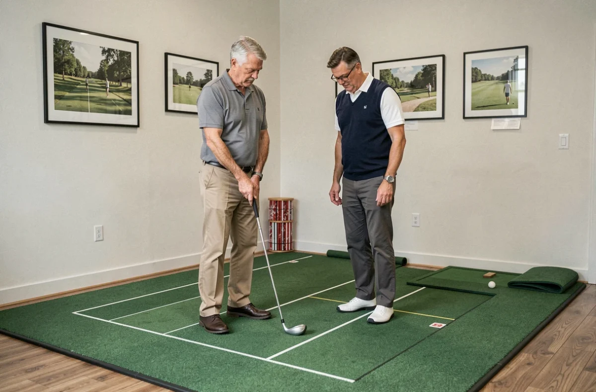 Deux golfeurs adultes s'entraînant sur un putting green intérieur dans un studio de golf