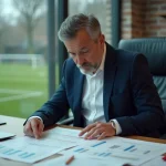 Directeur sportif d'un club de Ligue 1 à petit budget analysant des tableaux financiers dans son bureau donnant sur le terrain d'entraînement