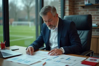 Directeur sportif d'un club de Ligue 1 à petit budget analysant des tableaux financiers dans son bureau donnant sur le terrain d'entraînement
