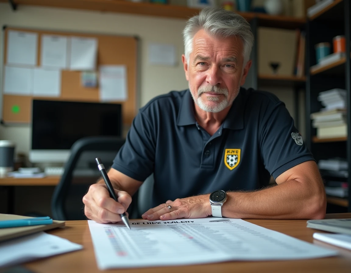 Dirigeant de club de football analysant le calendrier de la Fédérale 2 dans un bureau administratif