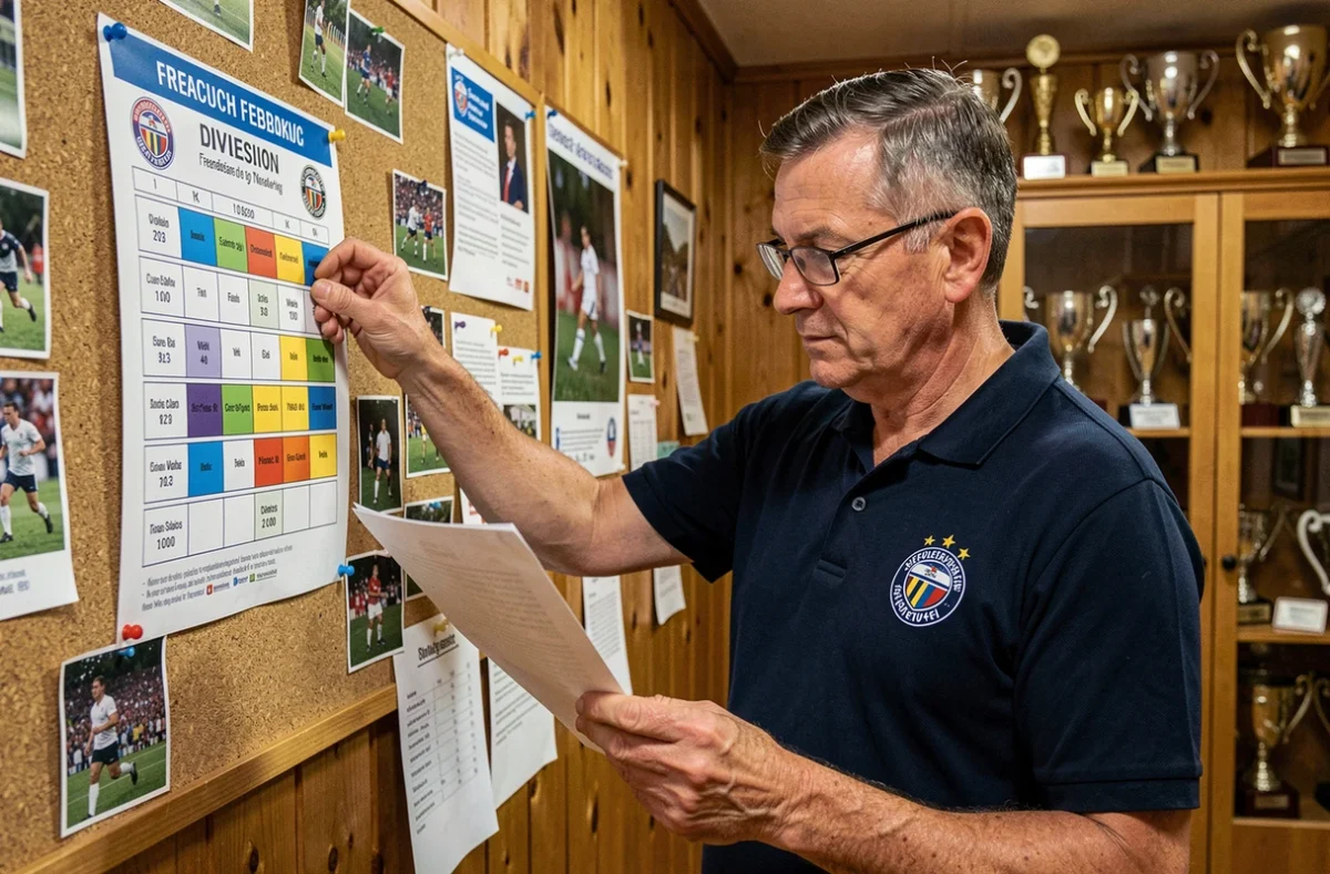 Responsable de club rugby affichant le tableau des divisions fédérales dans un vestiaire provincial français