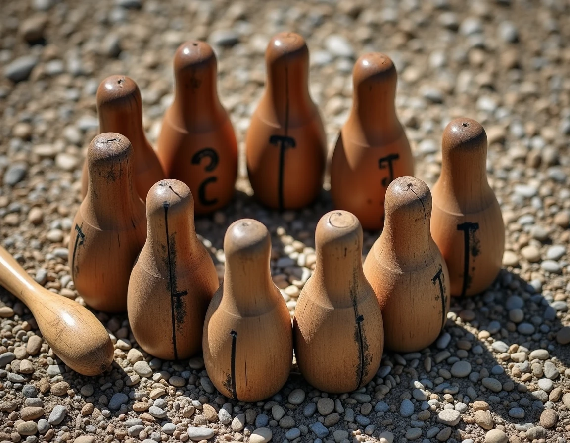 Vue aérienne des quilles Mölkky numérotées disposées en formation officielle sur un sol en gravier