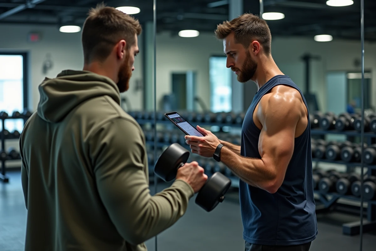 Deux sportifs en salle de musculation suivant un programme personnalisé sur tablette pour optimiser la prise de masse ou la sèche selon leur objectif