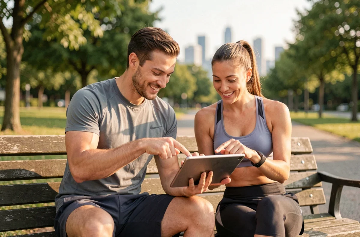 Deux sportifs consultant ensemble une plateforme d'activités sportives sur une tablette dans un parc