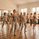 Groupe de danseurs adultes répétant ensemble dans un grand studio de danse en Occitanie