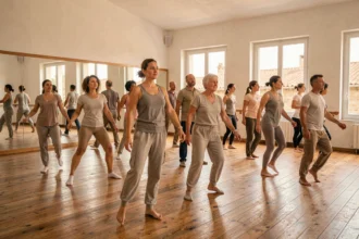 Groupe de danseurs adultes répétant ensemble dans un grand studio de danse en Occitanie