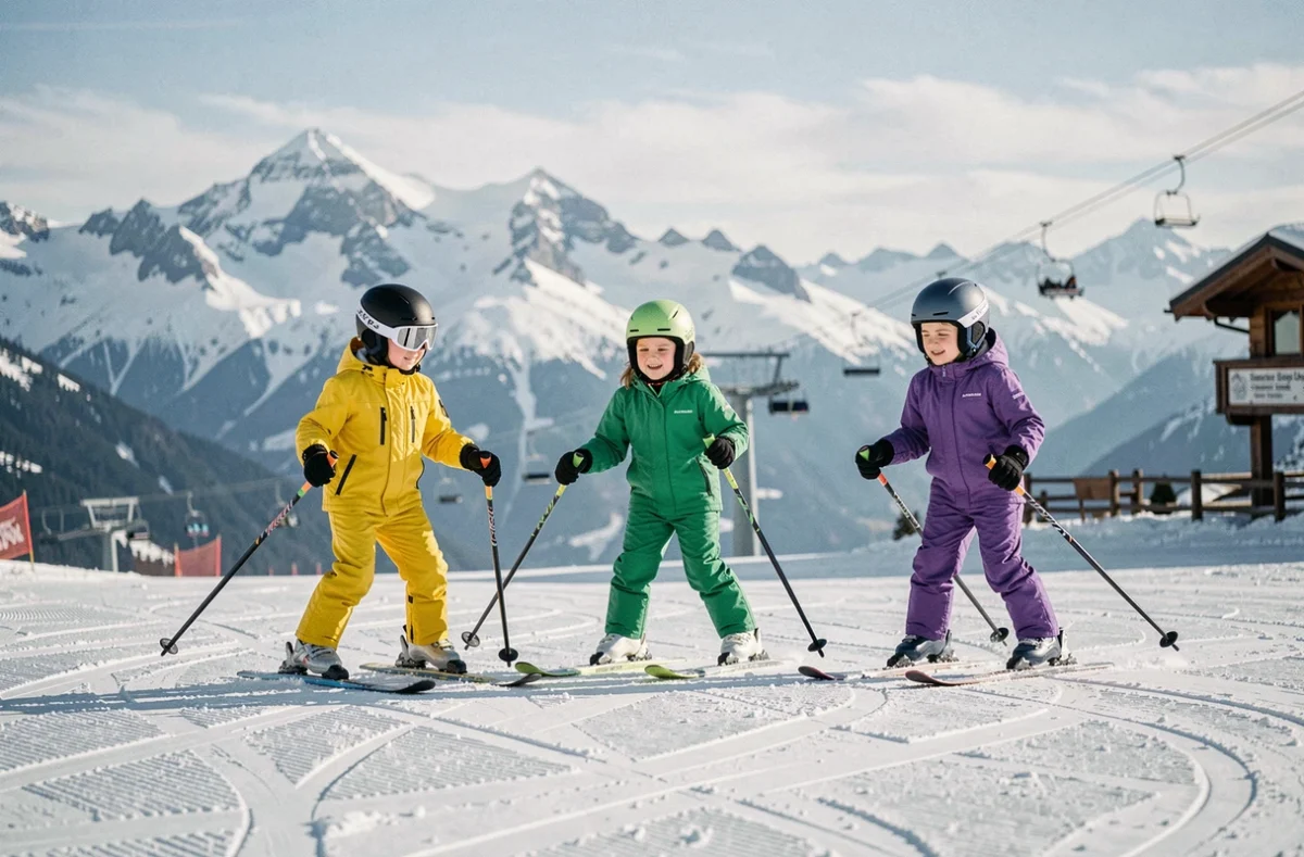 Trois enfants skiant sur une piste débutante aux Arcs avec un panorama alpin en arrière-plan
