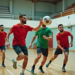 Groupe de joueurs de handball adultes en plein entraînement dans une salle de sport moderne près de Lisbonne au Portugal