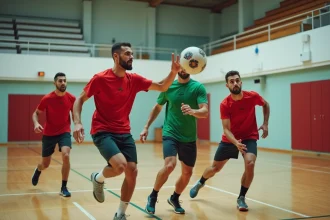Groupe de joueurs de handball adultes en plein entraînement dans une salle de sport moderne près de Lisbonne au Portugal