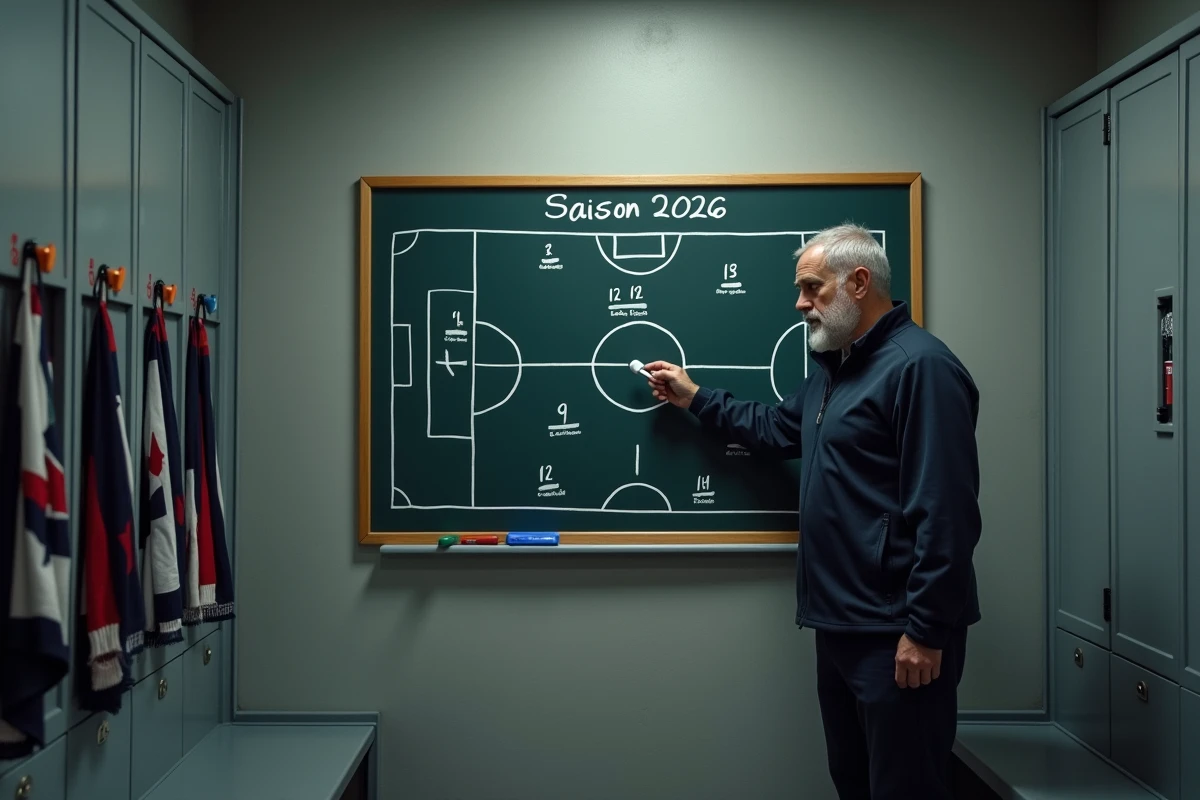 Entraîneur du FC Versailles 78 analysant la tactique sur un tableau dans le vestiaire pour la saison 2026