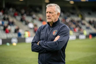 Entraîneur de football concentré au bord du terrain lors d'une séance tactique en stade professionnel