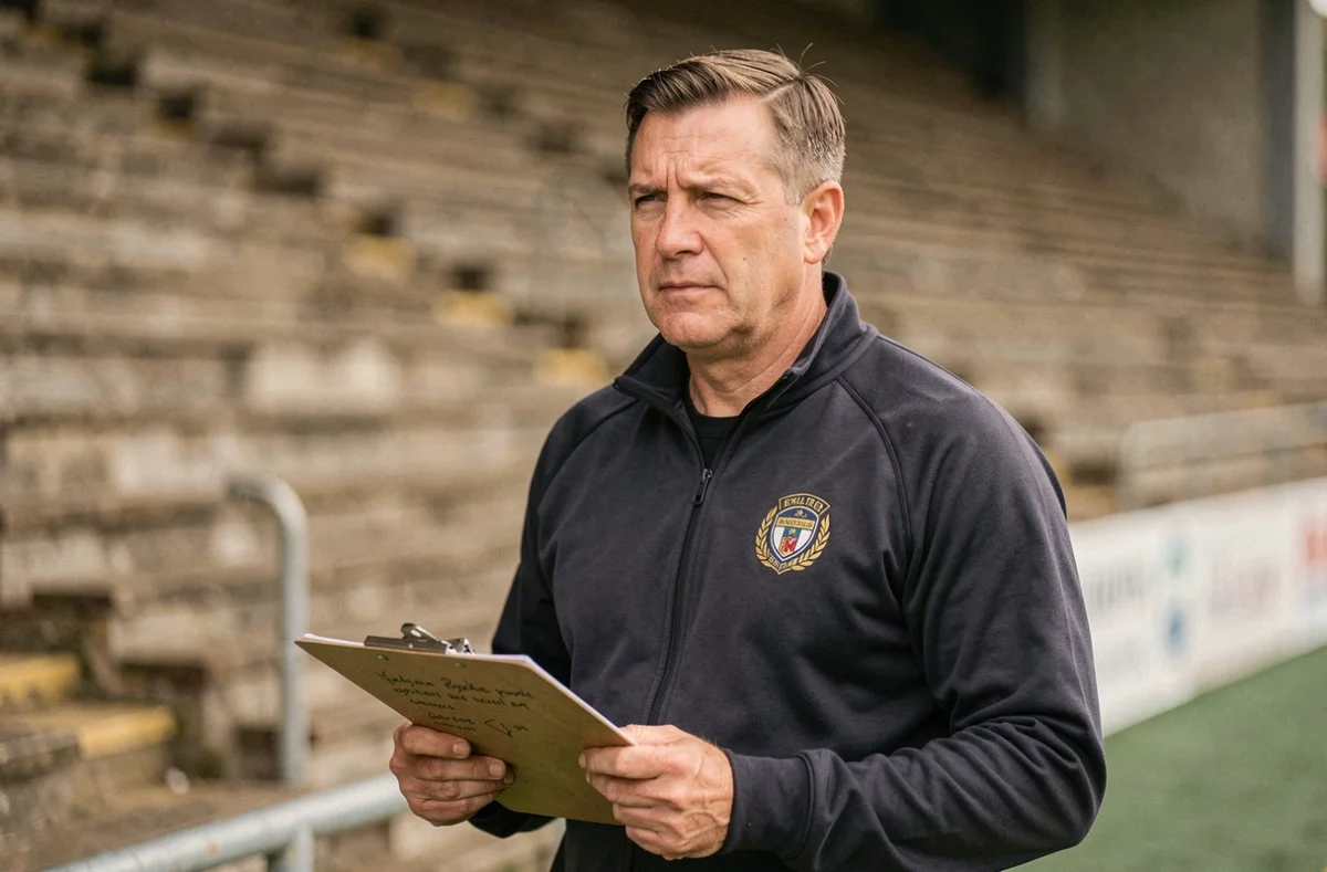 Entraîneur de rugby en bord de terrain consultant son tableau tactique lors d'un match de championnat Fédérale 2