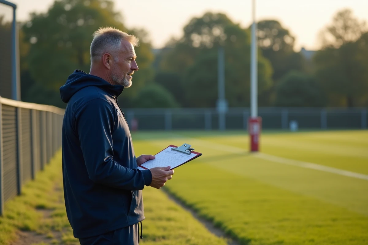 Entraîneur de rugby en Fédérale 2 analysant le jeu depuis la touche, stratégie de montée en Nationale 2