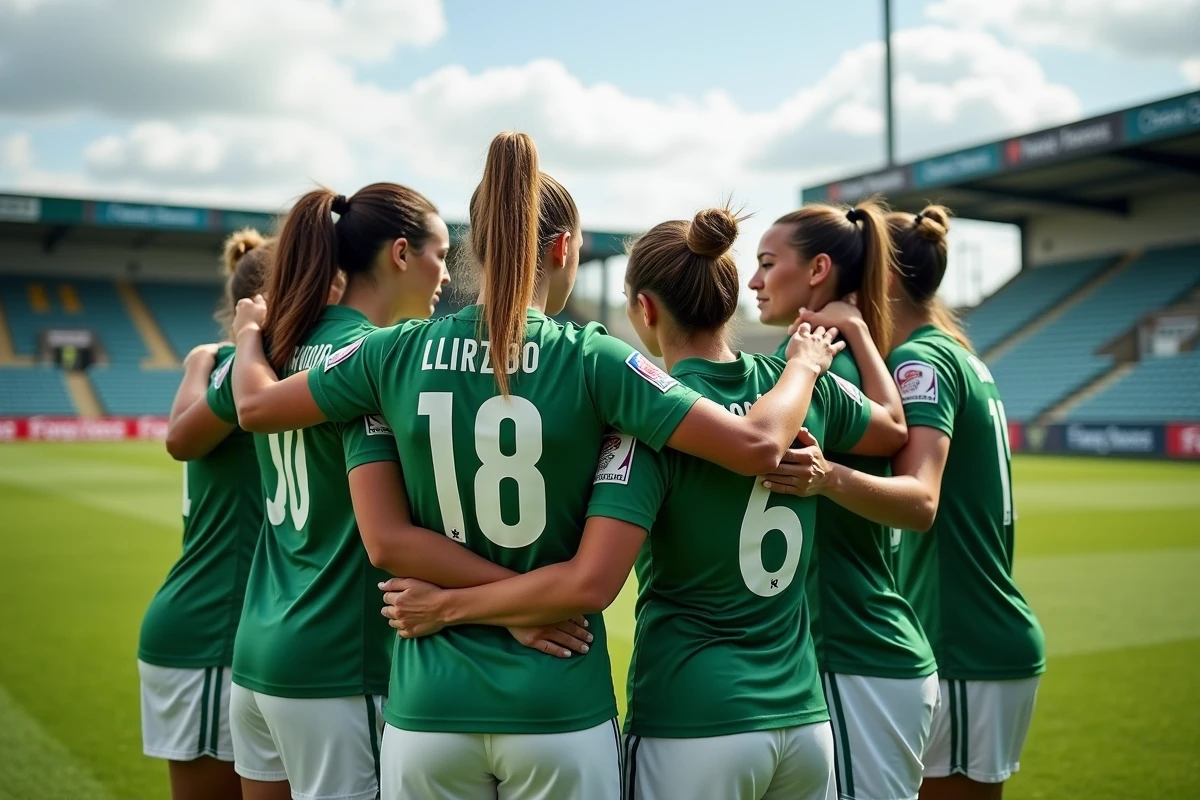 Équipe de football féminin en cercle avant un match dans un stade de l'Essonne