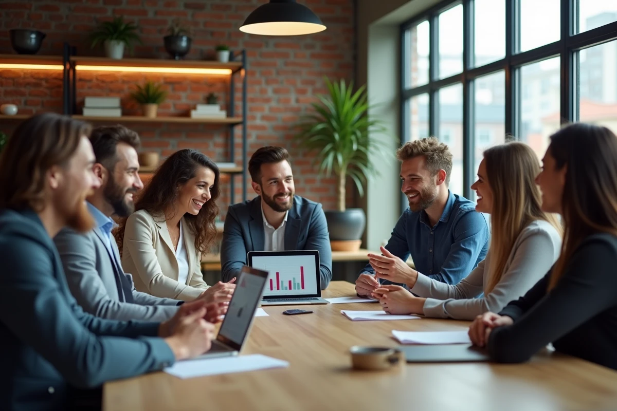 Groupe de professionnels en réunion dans un espace de coworking