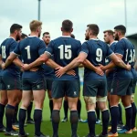 Équipe de rugby en mêlée avant un match de Fédérale 3 dans un stade régional
