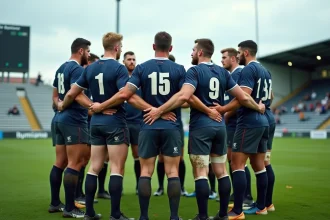 Équipe de rugby en mêlée avant un match de Fédérale 3 dans un stade régional