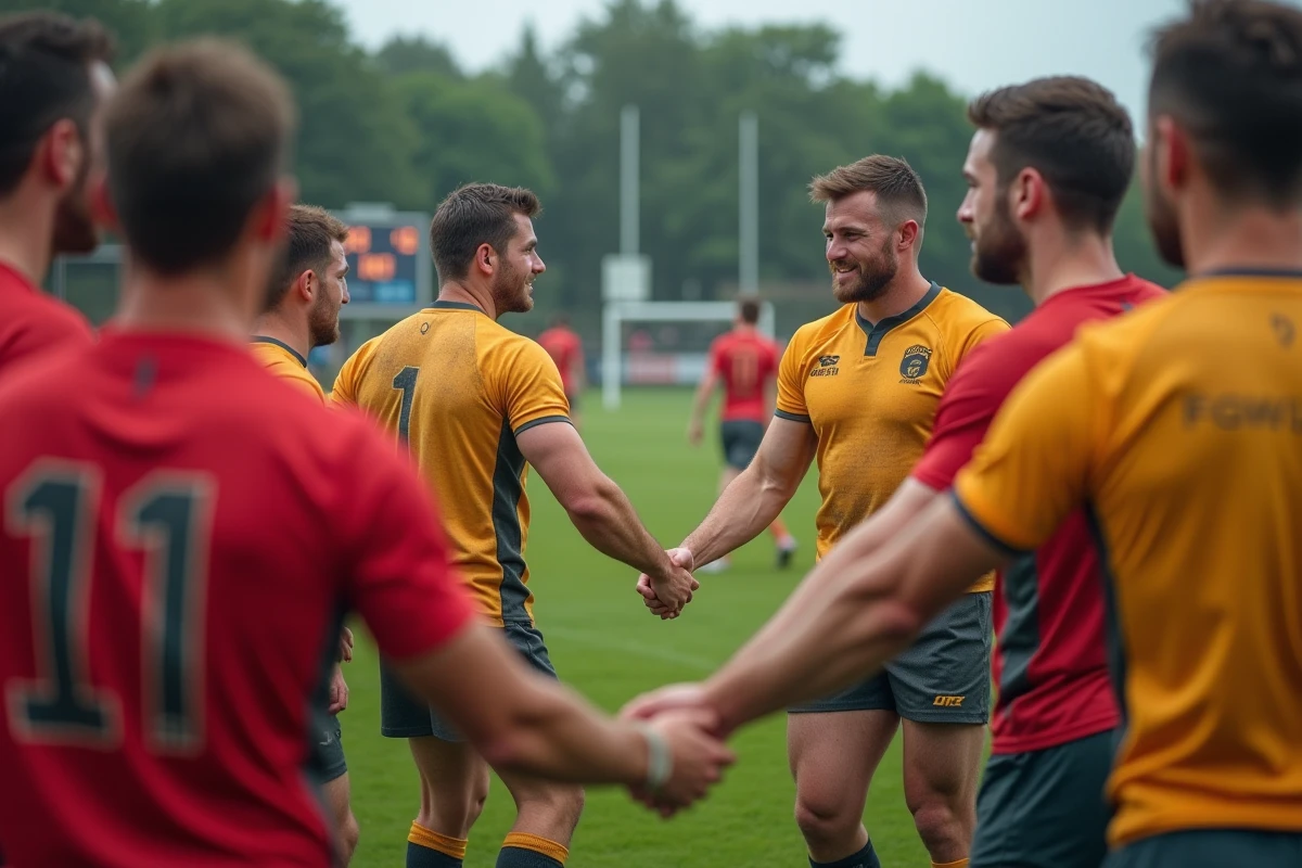 Deux équipes de rugby fédérale 3 se serrant la main après un match avec un tableau de score visible en arrière-plan